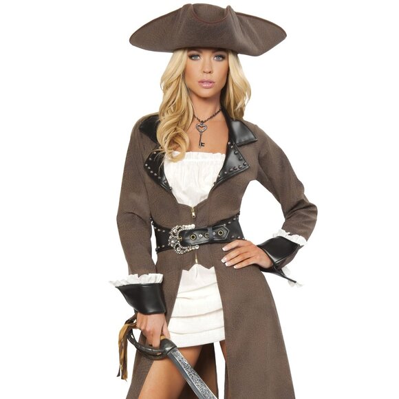 Pirate Costume Long Distressed Overcoat Jacket Dress Hat and Sword - Picture 1 of 4